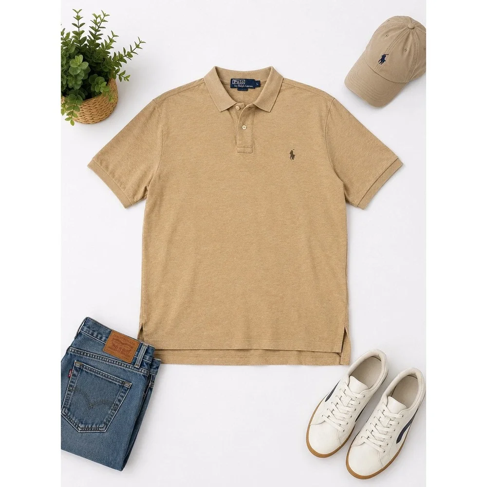 Polo Ralph‎ Lauren Mens XL Tan Khaki Short Sleeve Cotton Polo Shirt Pony Logo